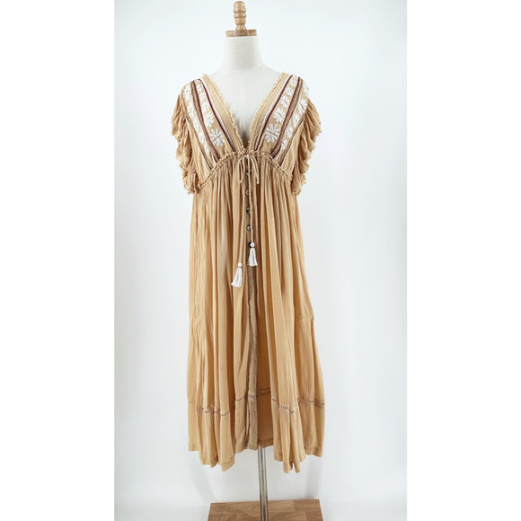 Free People Womens Midi Peasant Dress Medium Oversized Embroidered Boho Beach - Picture 1 of 7